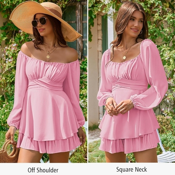Off The Shoulder Lantern Long Sleeve Ruffle Tie Mini Romper, Light Pink - XL - Picture 3 of 10